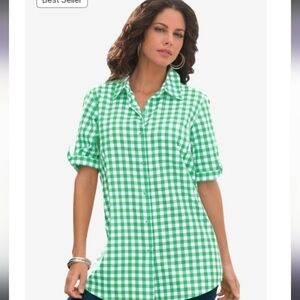 Roaman's green & white French  check SS button down blouse 22W